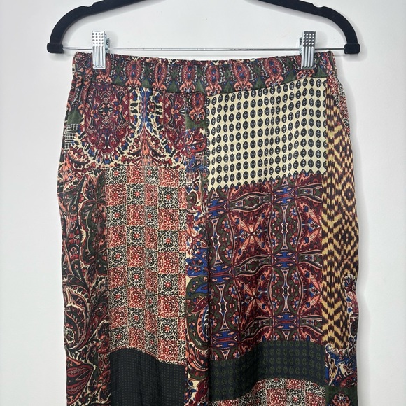 Zara Patchwork Satin Stretch Pants Wide Leg Pockets Colorful Boho - Picture 3 of 6